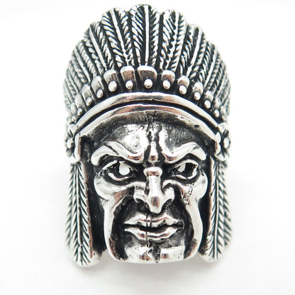 925 Sterling Silver Vintage Indian Chief Tribal Statement Ring Size 8.75