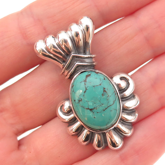 925 Sterling Silver Vintage Real Kingman Turquoise Oxidized Slide Charm Pendant