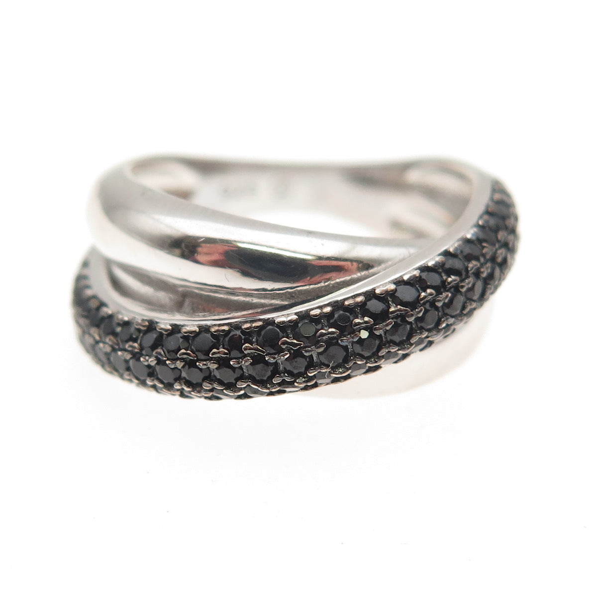 925 Sterling Silver Real Round-Cut Black Spinel Crossover Ring Size 6.25