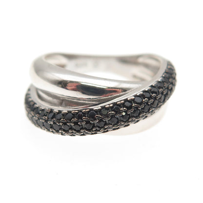 925 Sterling Silver Real Round-Cut Black Spinel Crossover Ring Size 6.25