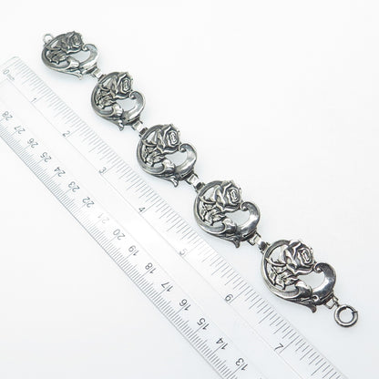 925 Sterling Silver Antique Art Deco Rose Flower Link Oxidized Bracelet 7.75"