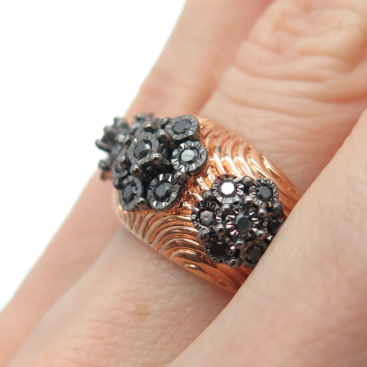 MDJ Michael Drechsler 925 Sterling Rose Gold Plated Black Diamond Ring Size 6.25