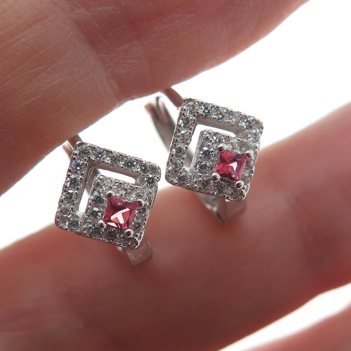 925 Sterling Silver Princess-Cut Pink & Round-Cut White C Z Hoop Earrings