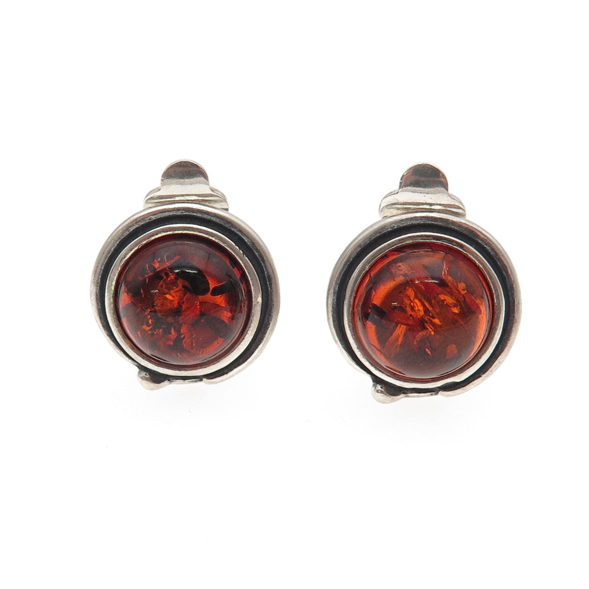 925 Sterling Silver Vintage Real Amber Oxidized Clip On Earrings