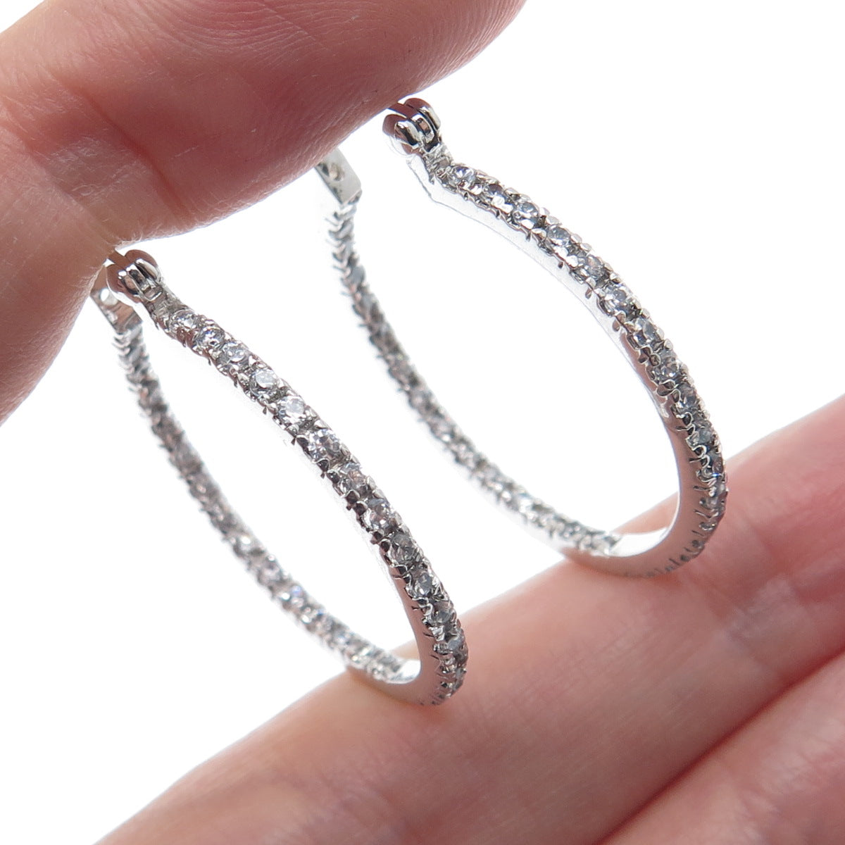 925 Sterling Silver Round-Cut C Z In & Out Hoop Earrings