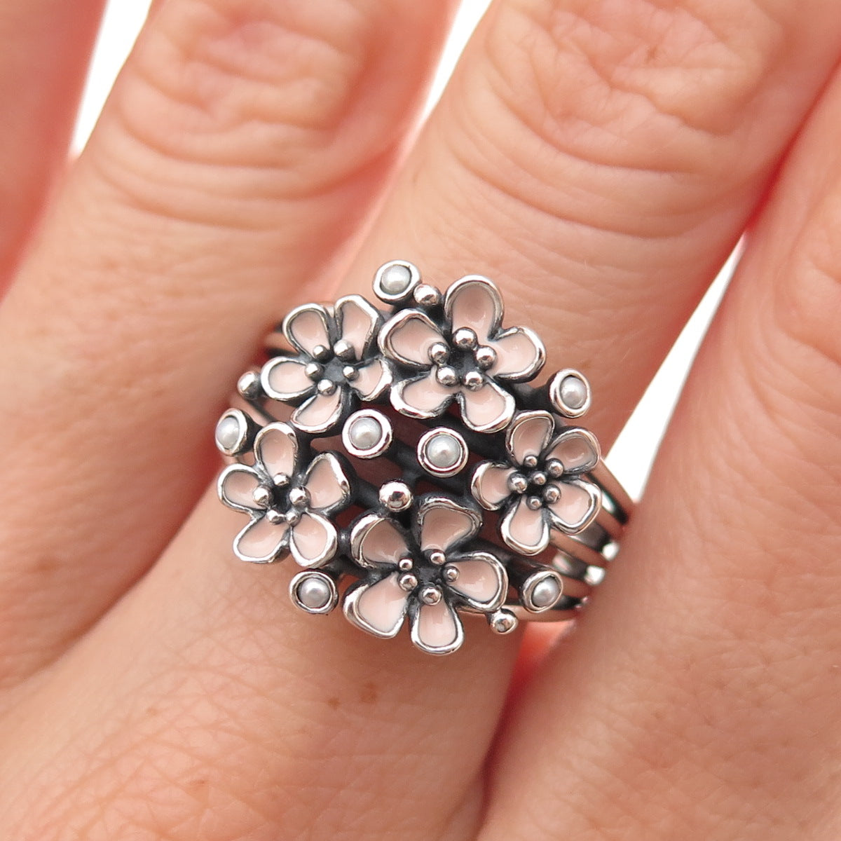 Pandora Sterling Silver Enamel Real Pearl Cherry Blossom Bouquet Ring Size 8.5