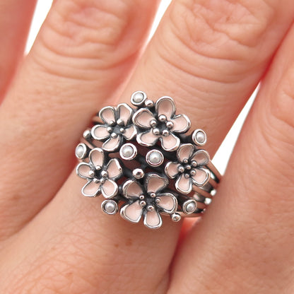 Pandora Sterling Silver Enamel Real Pearl Cherry Blossom Bouquet Ring Size 8.5