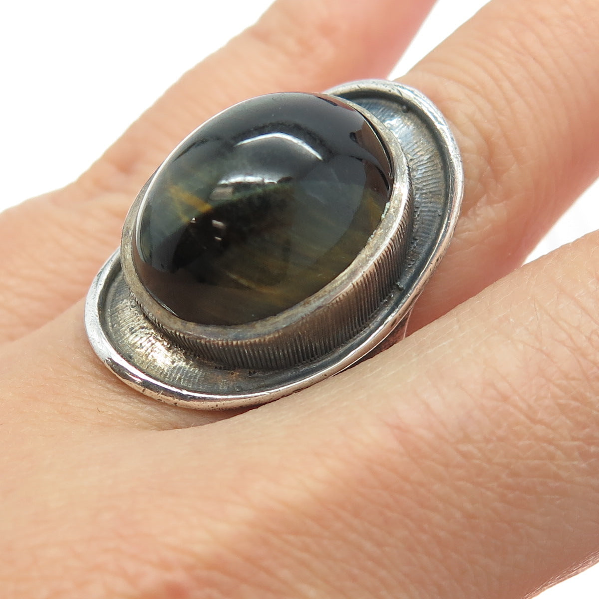 925 Sterling Silver Vintage Real Black Tiger Eye Gemstone Ring Size 6.5