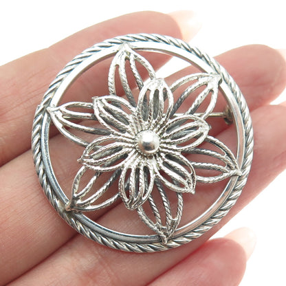 BEAU 925 Sterling Silver Antique Art Deco Flower Round Pin Brooch