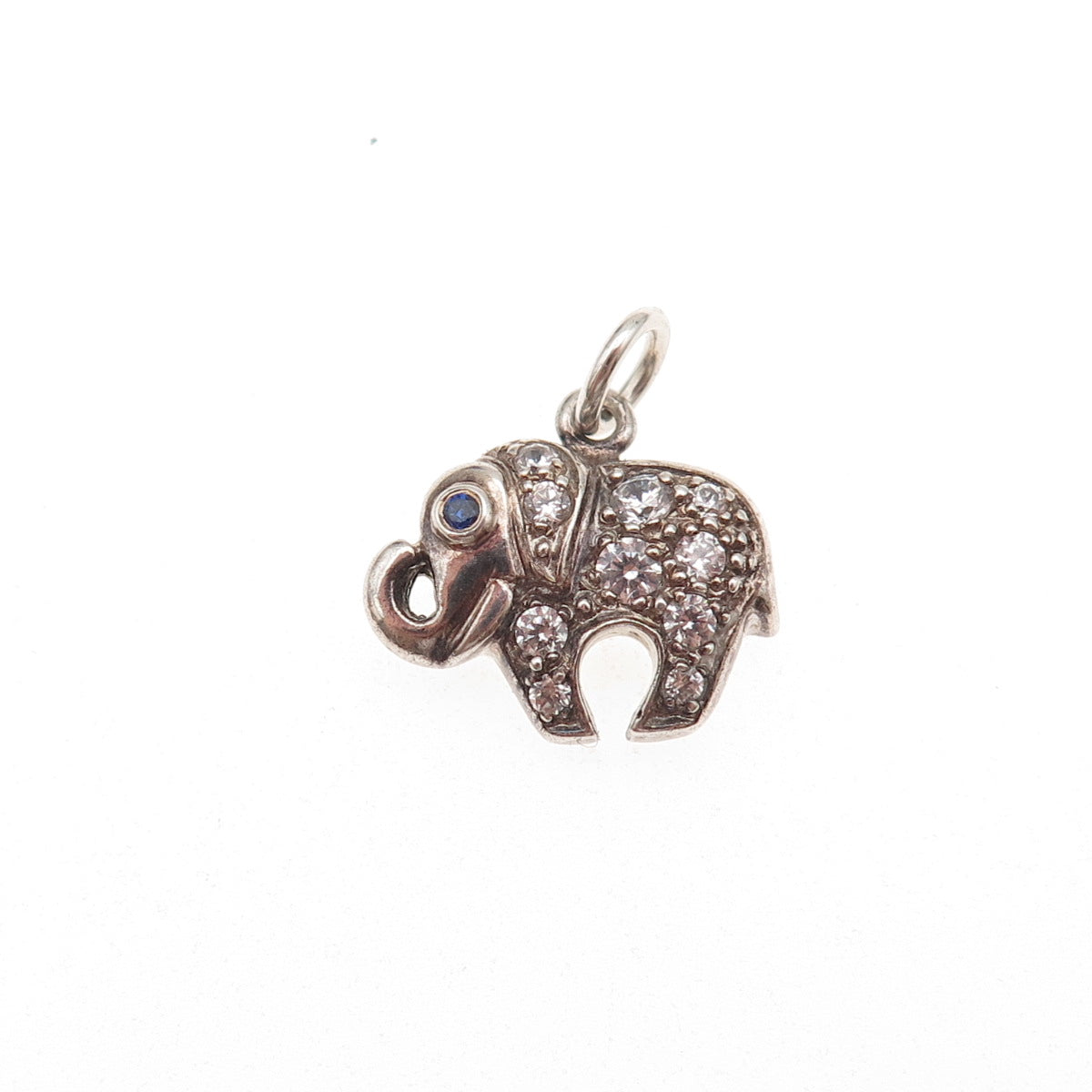 925 Sterling Silver Vintage Real Sapphire & C Z Elephant Oxidized Charm Pendant