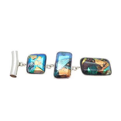 925 Sterling Silver Vintage Dichroic Glass Modernist Drop Slide Pendant