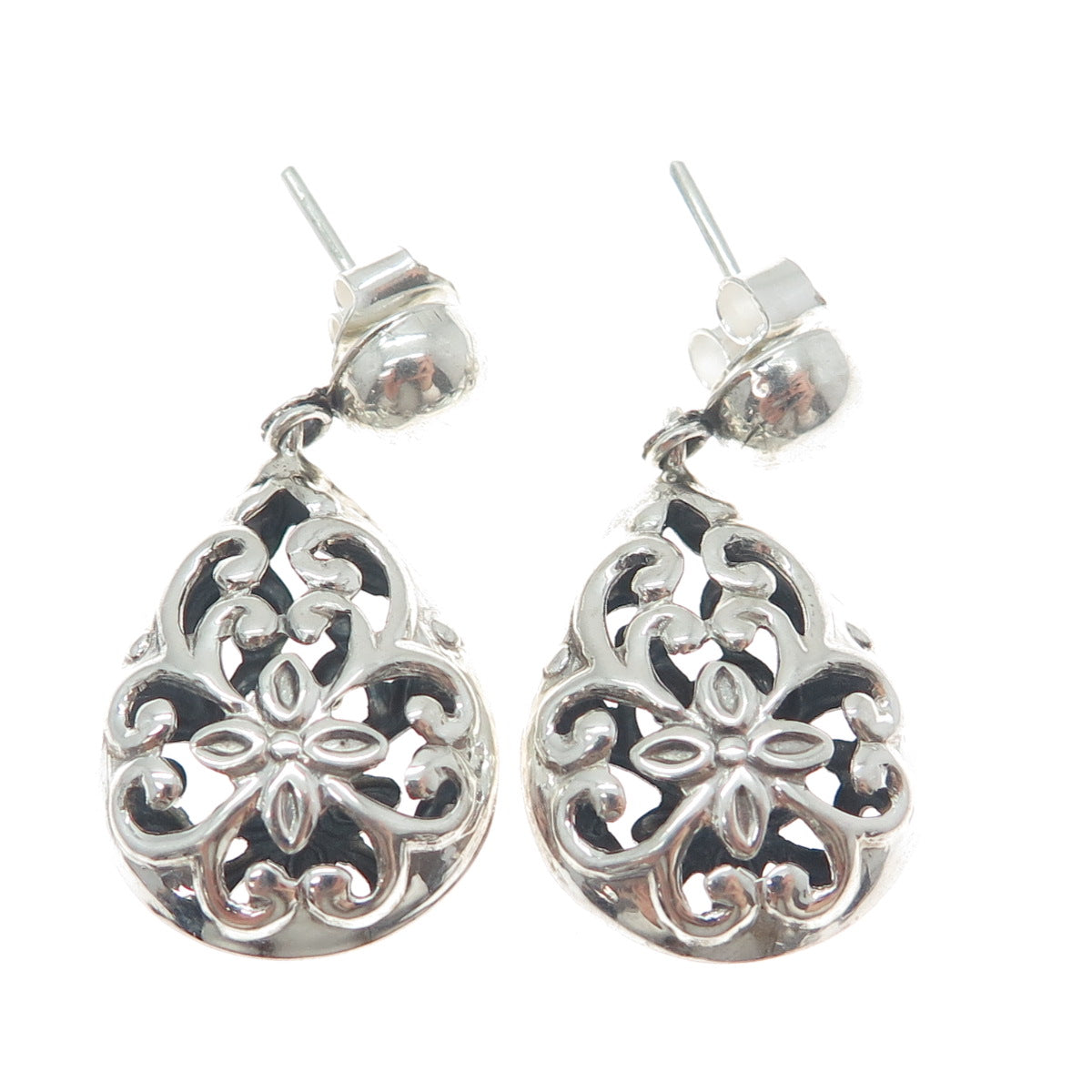 950 Silver Vintage Floral Swirl Teardrop Dangle Earrings