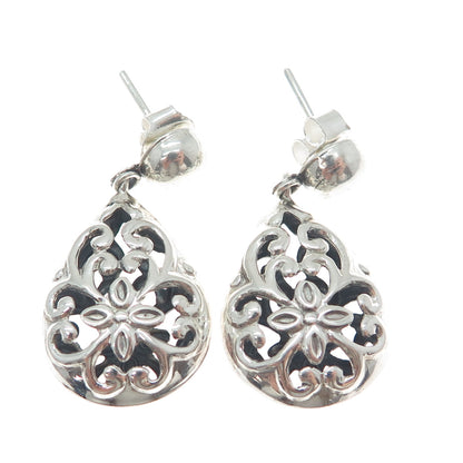 950 Silver Vintage Floral Swirl Teardrop Dangle Earrings