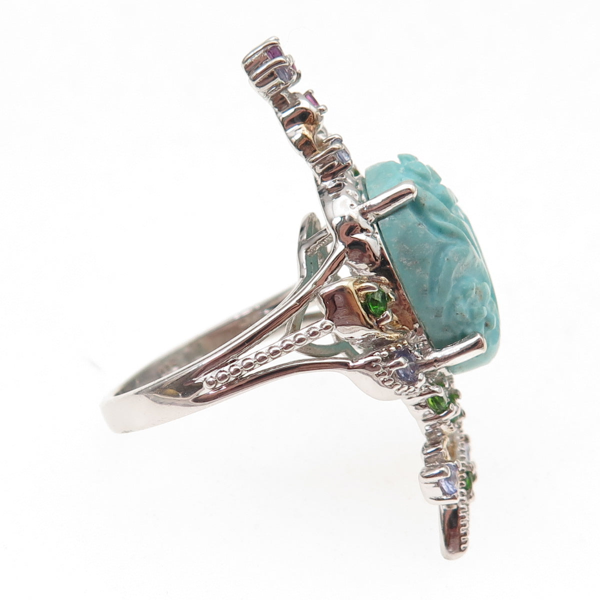 Chuck Clemency Sterling Real Turquoise Tanzanite Amethyst & Peridot Ring Size 8