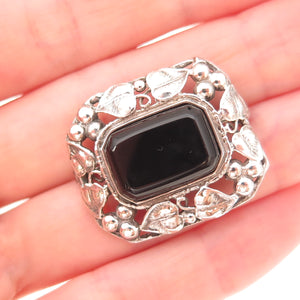 925 Sterling Silver Vintage Real Black Onyx Floral Oxidized Pin Brooch