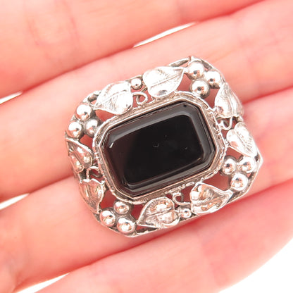 925 Sterling Silver Vintage Real Black Onyx Floral Oxidized Pin Brooch