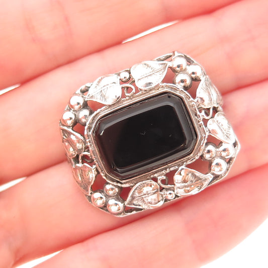 925 Sterling Silver Vintage Real Black Onyx Floral Oxidized Pin Brooch