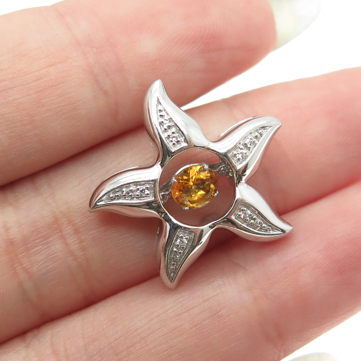 SAI 925 Sterling Silver Real Round-Cut Citrine & C Z Starfish Slide Pendant