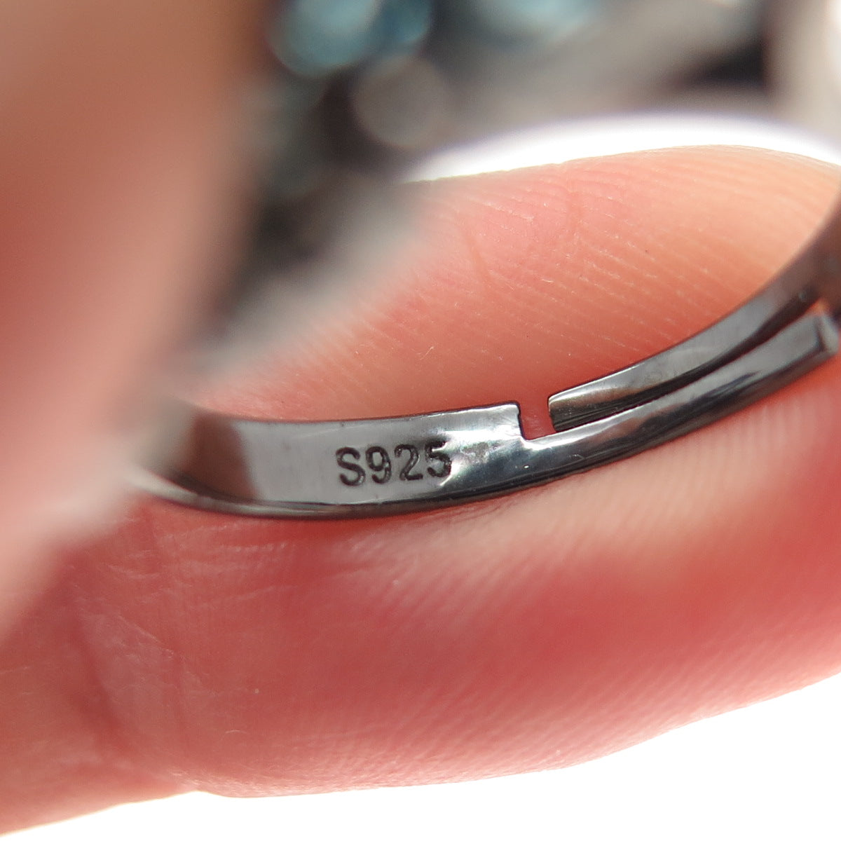 925 Sterling Black Rhodium Real Apatite & C Z Adjustable Two Finger Ring Size 6