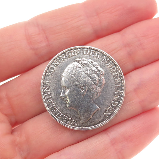 720 Silver Antique 1944 Netherlands 1 Gulden - Wilhelmina Coin Pin Brooch