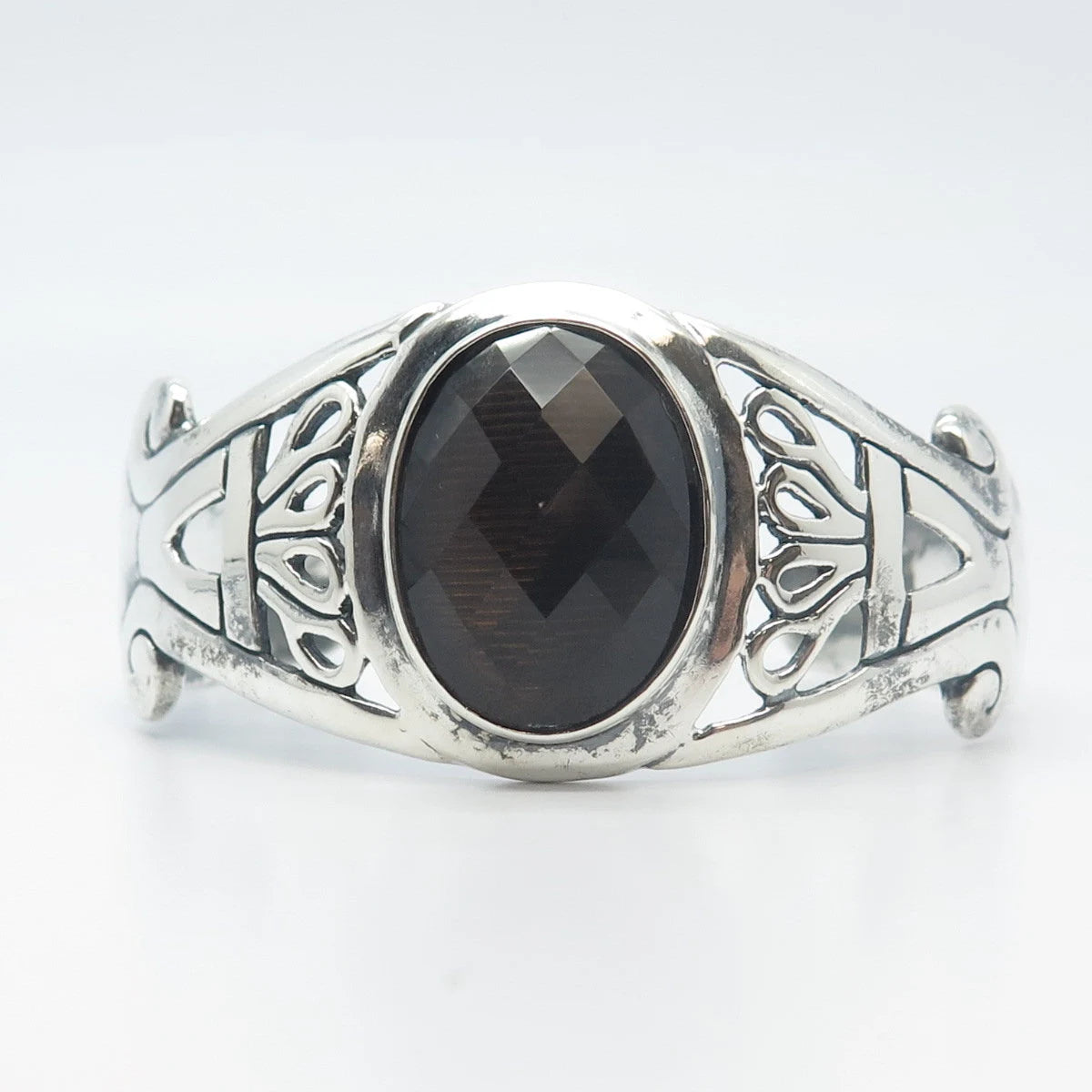925 Sterling Silver Vintage Smoky Quartz Ornate Adjustable Cuff Bracelet 7.5"