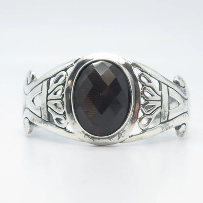 925 Sterling Silver Vintage Smoky Quartz Ornate Adjustable Cuff Bracelet 7.5"