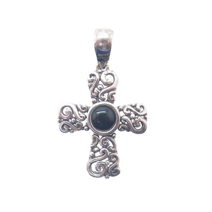 CFJ Collins Fine Jewelry Sterling Vintage Real Black Onyx Swirl Cross Pendant