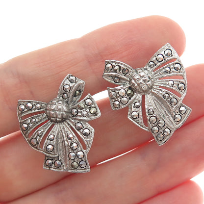 925 Sterling Silver Antique Art Deco Real Marcasite Bow Screw Back Earrings