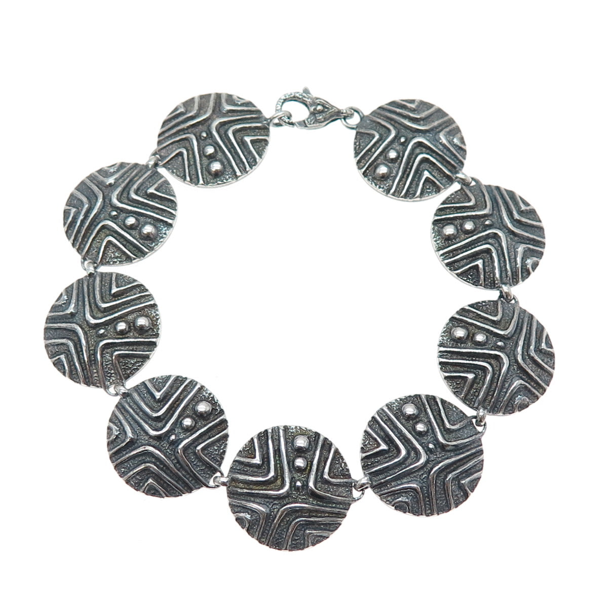 925 Sterling Silver Vintage Modernist Disc Link Oxidized Bracelet 8.25"