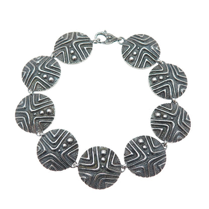 925 Sterling Silver Vintage Modernist Disc Link Oxidized Bracelet 8.25"