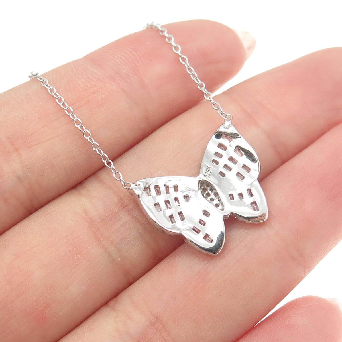 925 Sterling Silver Baguette & Round-Cut C Z Butterfly Station Necklace 16-18"