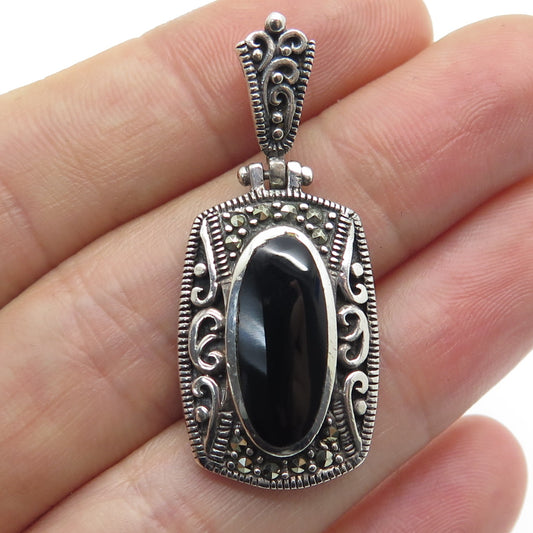 925 Sterling Silver Vintage Real Black Onyx & Marcasite Ornate Oxidized Pendant