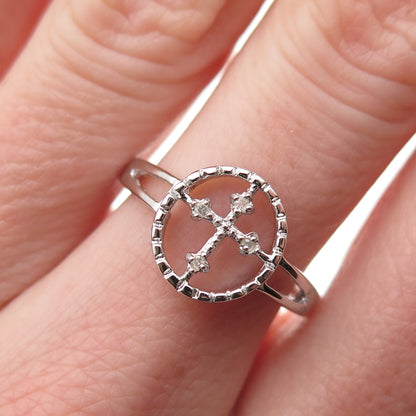 925 Sterling Silver Real Round-Cut Diamond Cross Ring Size 7
