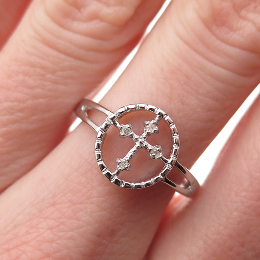 925 Sterling Silver Real Round-Cut Diamond Cross Ring Size 7