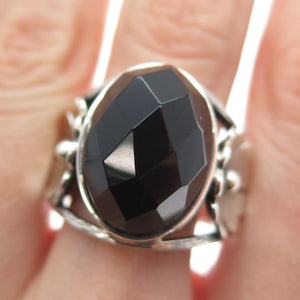 RIDER 950 Silver Vintage Real Black Onyx Flower Blossom Ring Size 9.5