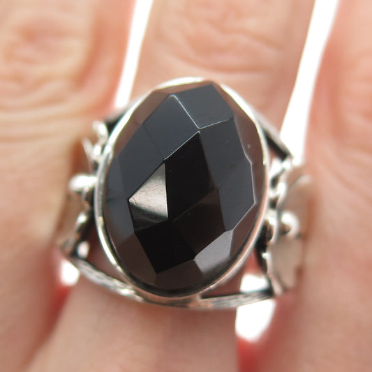 RIDER 950 Silver Vintage Real Black Onyx Flower Blossom Ring Size 9.5