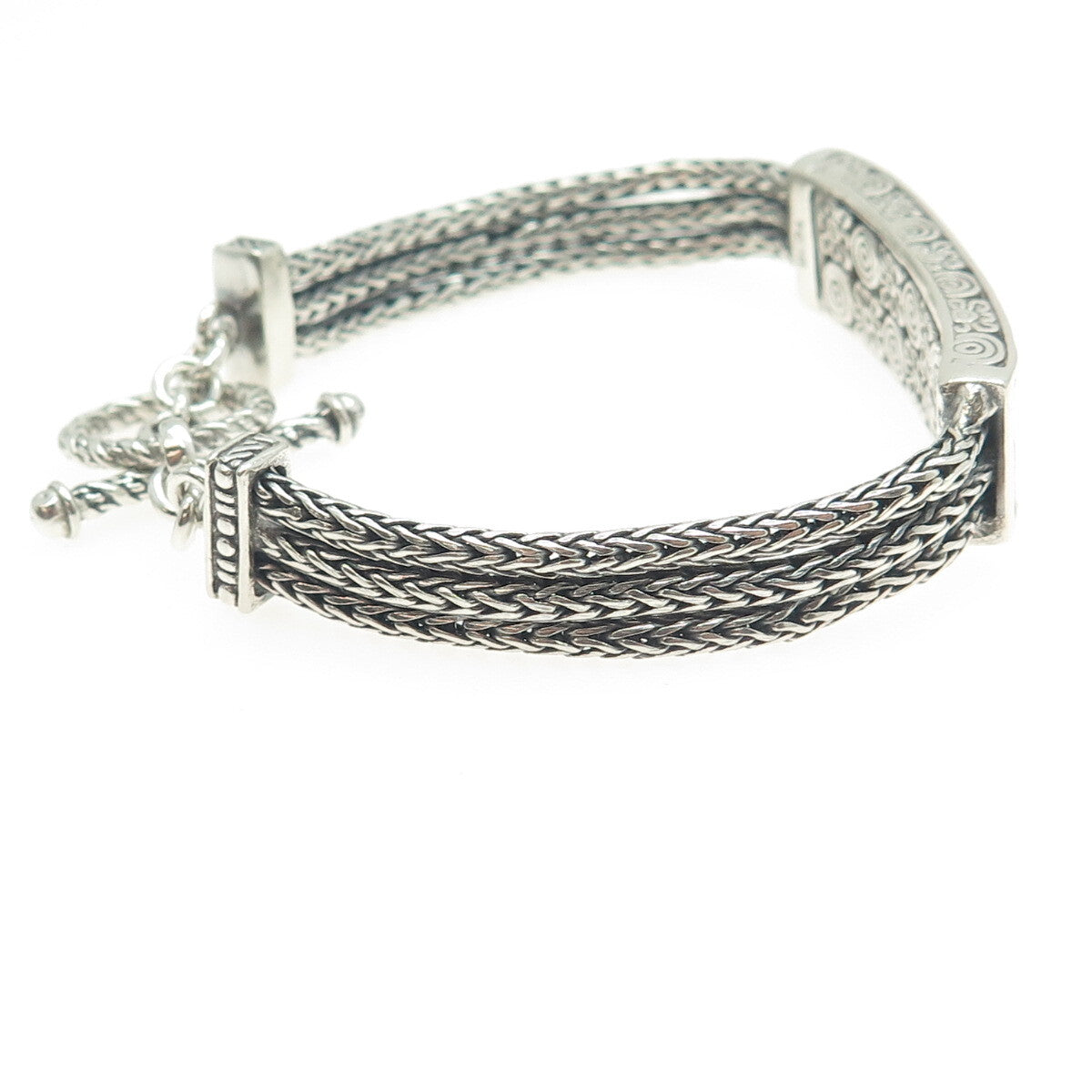925 Sterling Silver Vintage Floral ID 3-Row Wheat Link Bracelet 6.75"