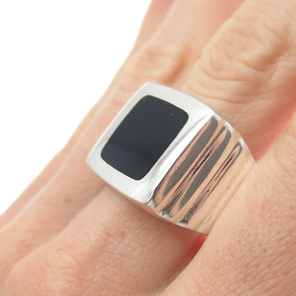 925 Sterling Silver Vintage Mexico Real Black Onyx Ribbed Signet Ring Size 13.25