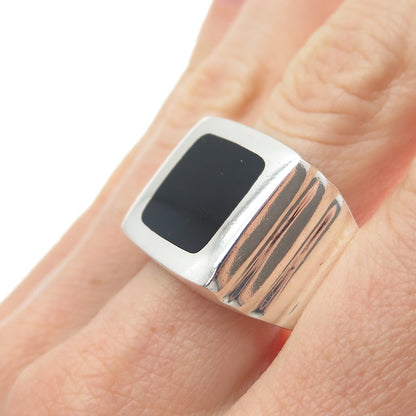925 Sterling Silver Vintage Mexico Real Black Onyx Ribbed Signet Ring Size 13.25