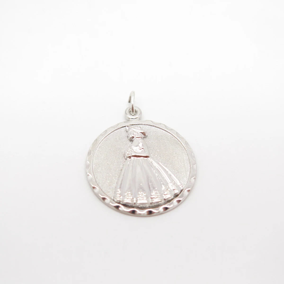 925 Sterling Silver Vintage Danecraft Lady In Dress Textured Round Pendant