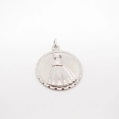925 Sterling Silver Vintage Danecraft Lady In Dress Textured Round Pendant