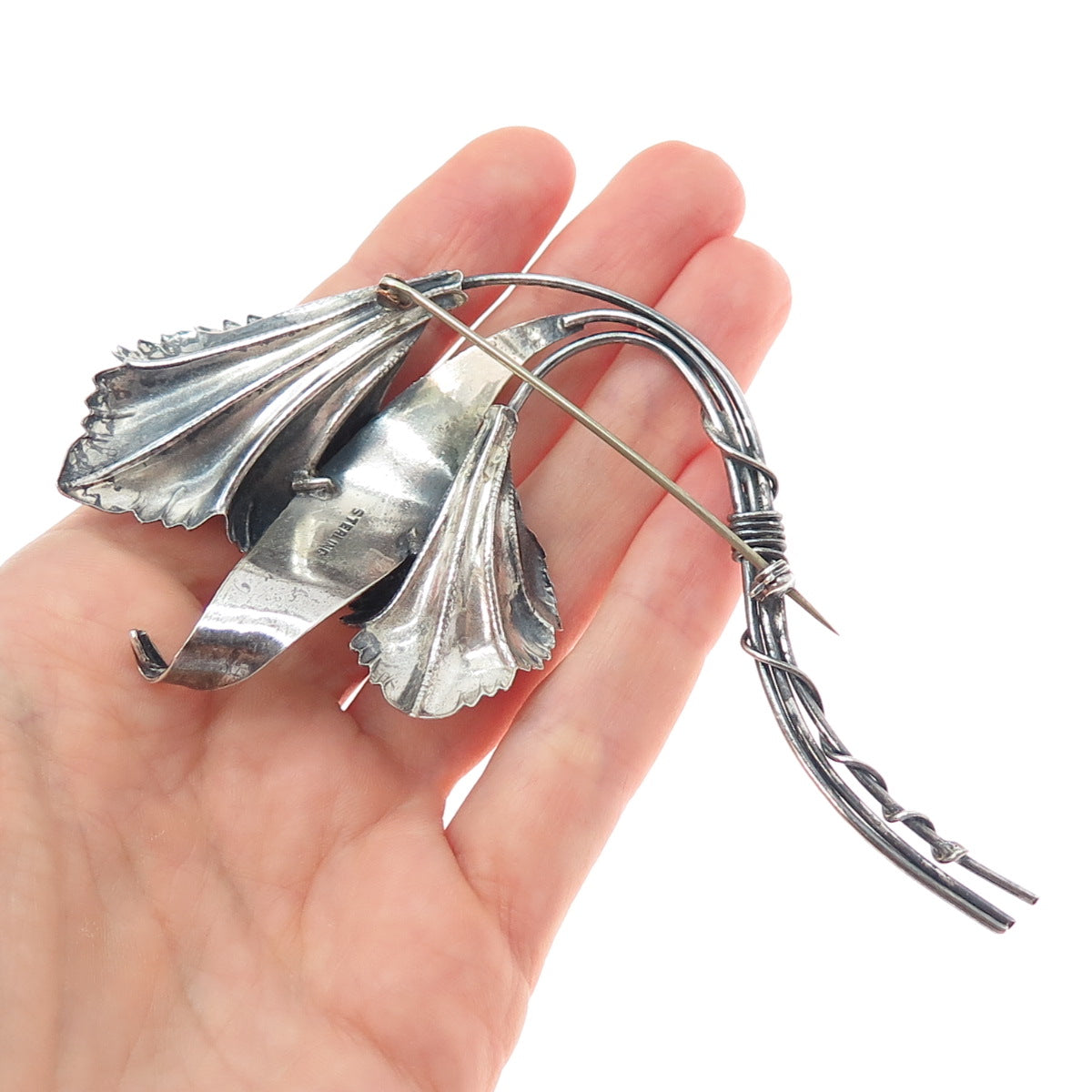 925 Sterling Silver Antique Art Deco Calla Lily Flower Oxidized Pin Brooch
