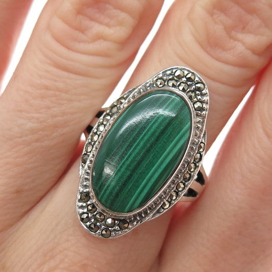 925 Sterling Silver Vintage Real Malachite Marcasite Art Deco Style Ring Size 7