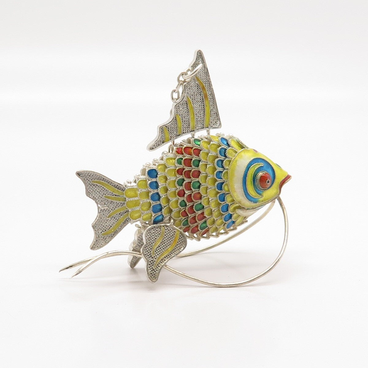 925 Sterling Silver Antique Enamel Chinese Koi Fish Articulated Chatelaine Fob