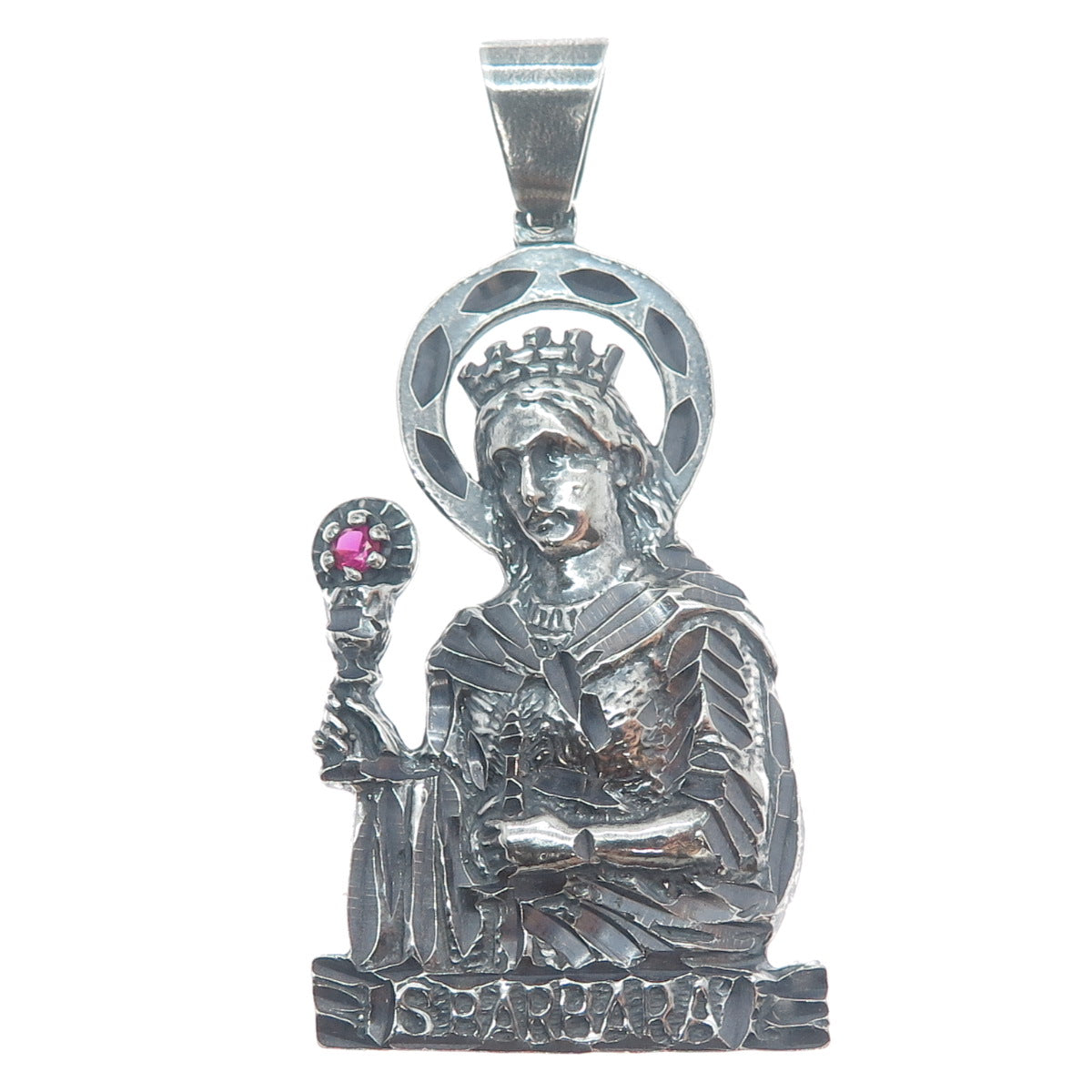 925 Sterling Silver Vintage Real Ruby St. Barbara Diamond-Cut Oxidized Pendant