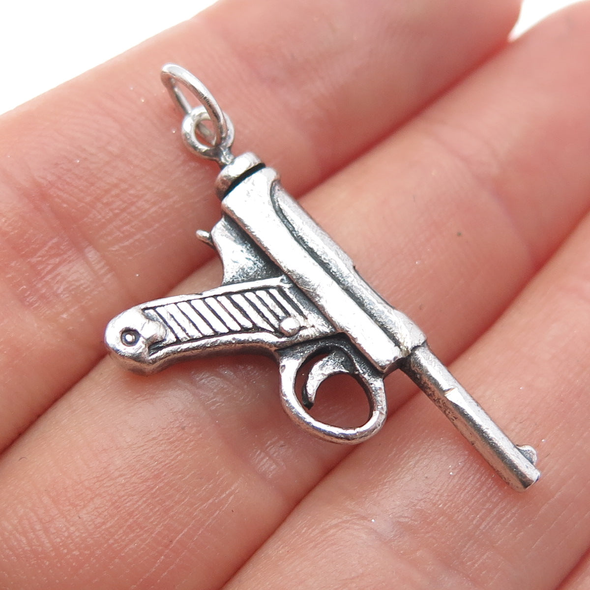 925 Sterling Silver Vintage Luger Pistol Oxidized Charm Pendant
