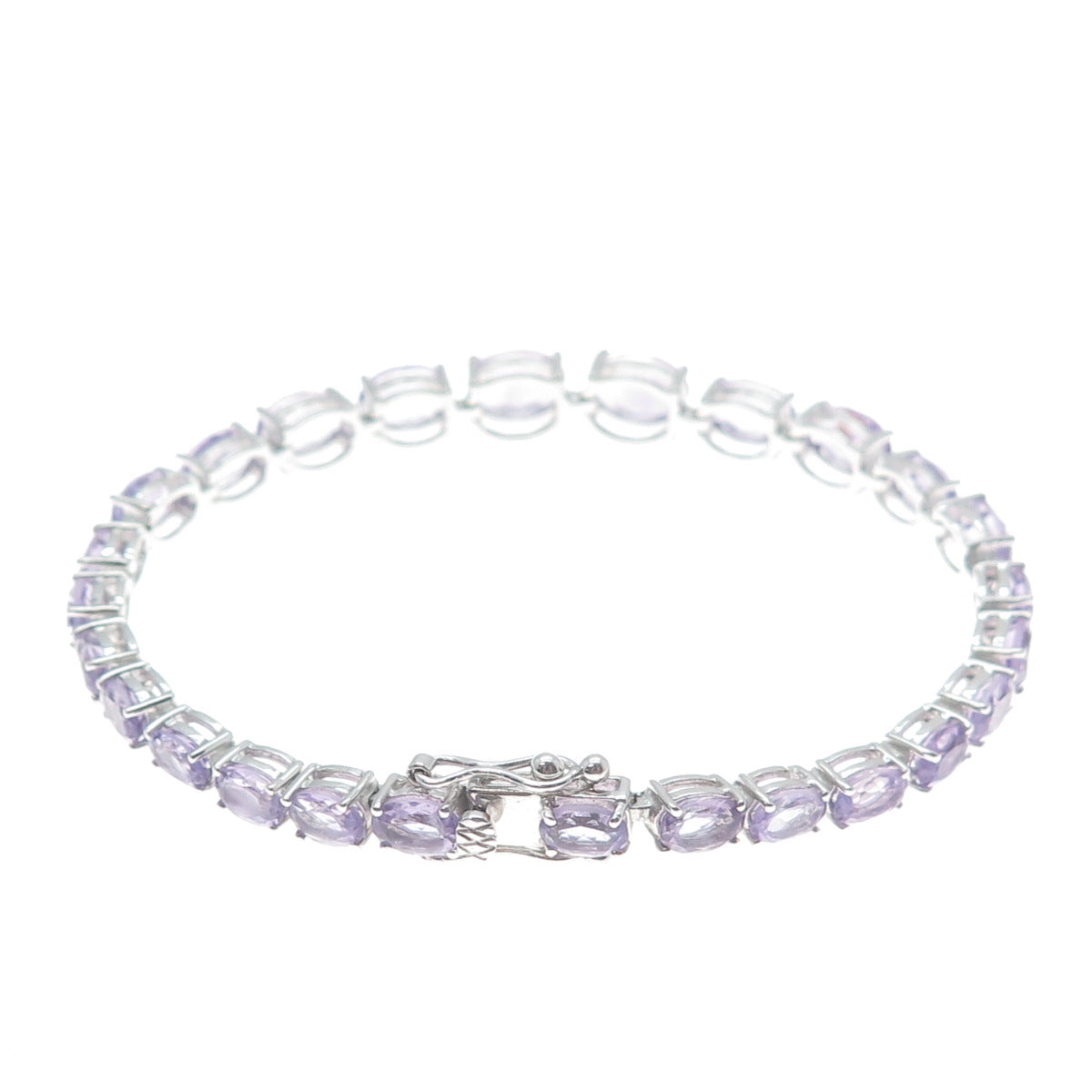 925 Sterling Silver Real Graduated Oval-Cut Amethyst Tennis Link Bracelet 7.5"