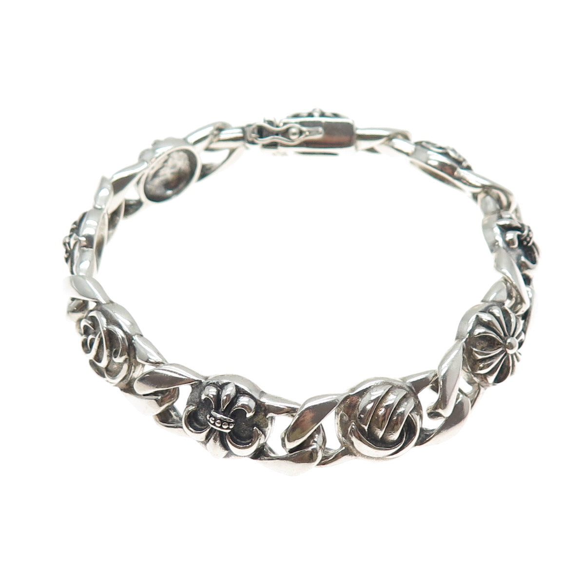 925 Sterling Silver Vintage Fleur de Lis Cross Oxidized Anchor Link Bracelet 8"