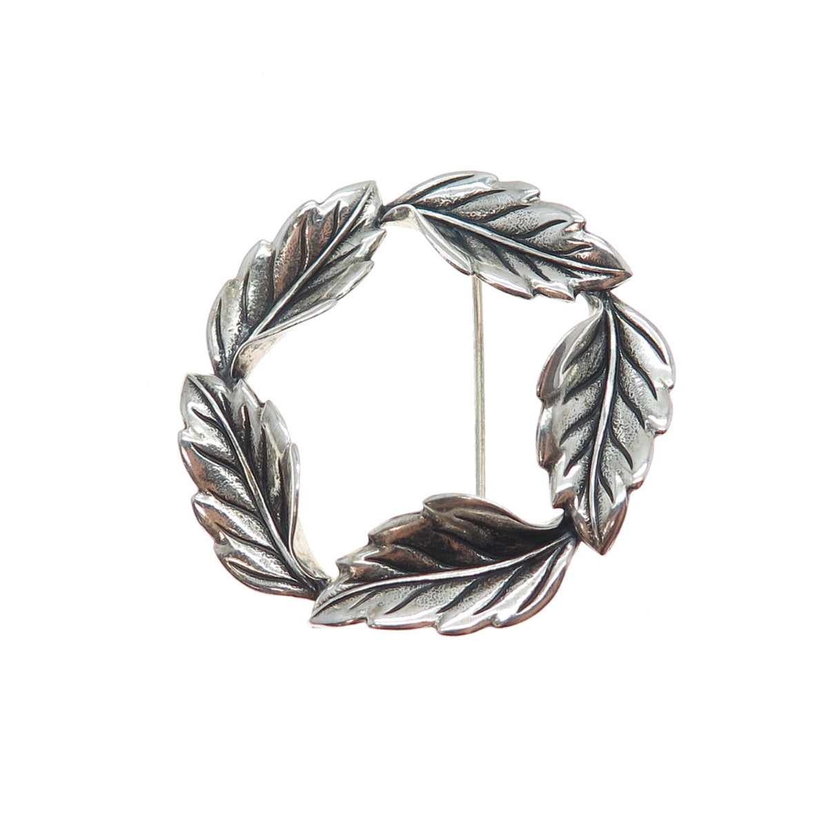 BEAU 925 Sterling Silver Vintage Floral Leaf Circle of Life Oxidized Pin Brooch
