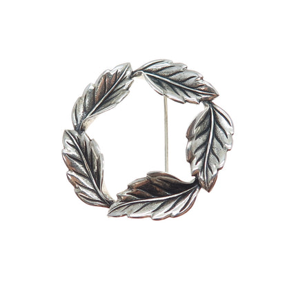 BEAU 925 Sterling Silver Vintage Floral Leaf Circle of Life Oxidized Pin Brooch